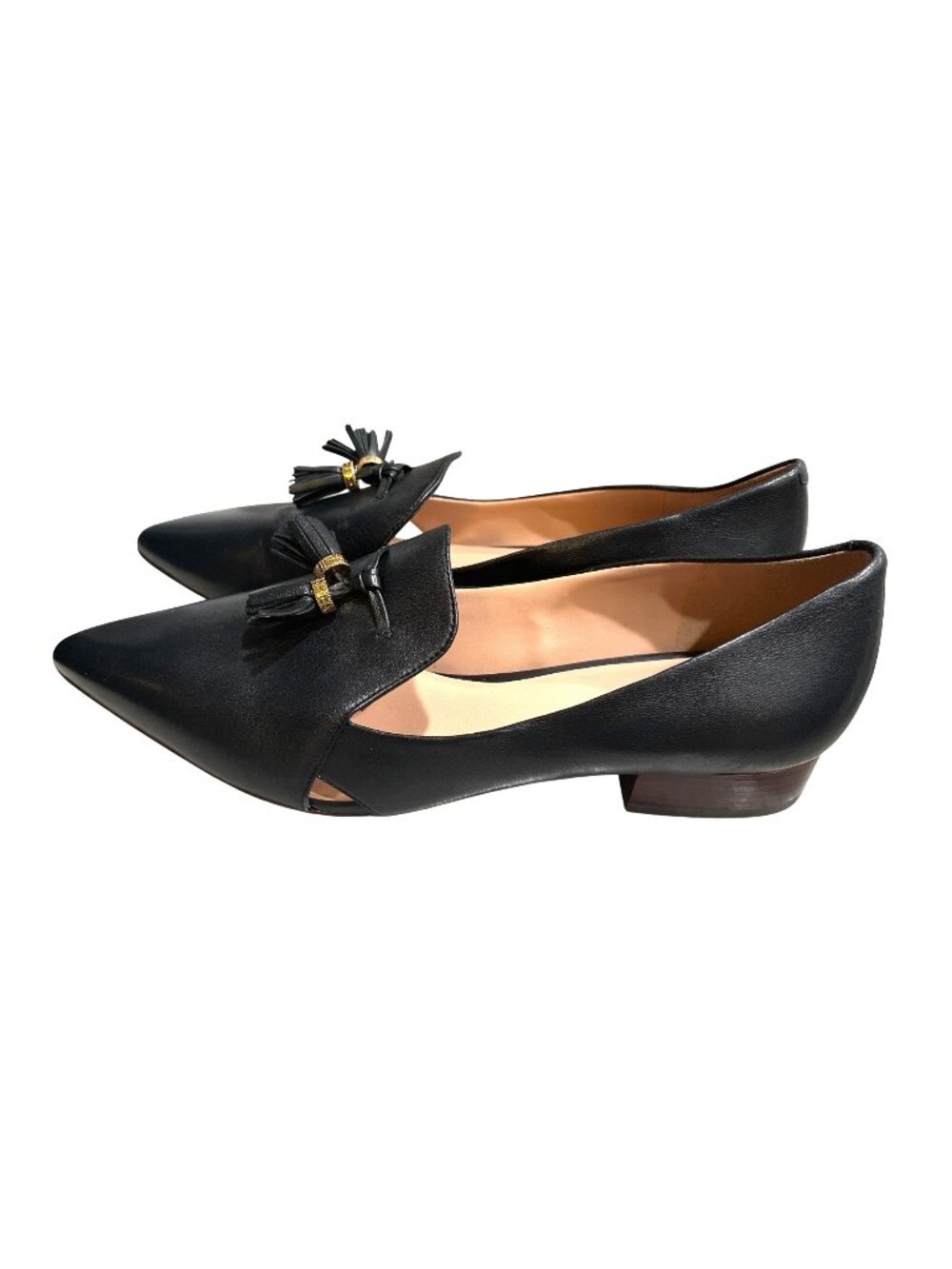 Cole Haan Vanya Black Leather Tassel Flats With Gold Hardware Size 11B New